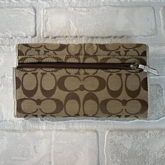 Coach Wallet Beige White Signature C Canvas Leather Tri-Fold Zip Snap Card Slots - Picture 7 of 11